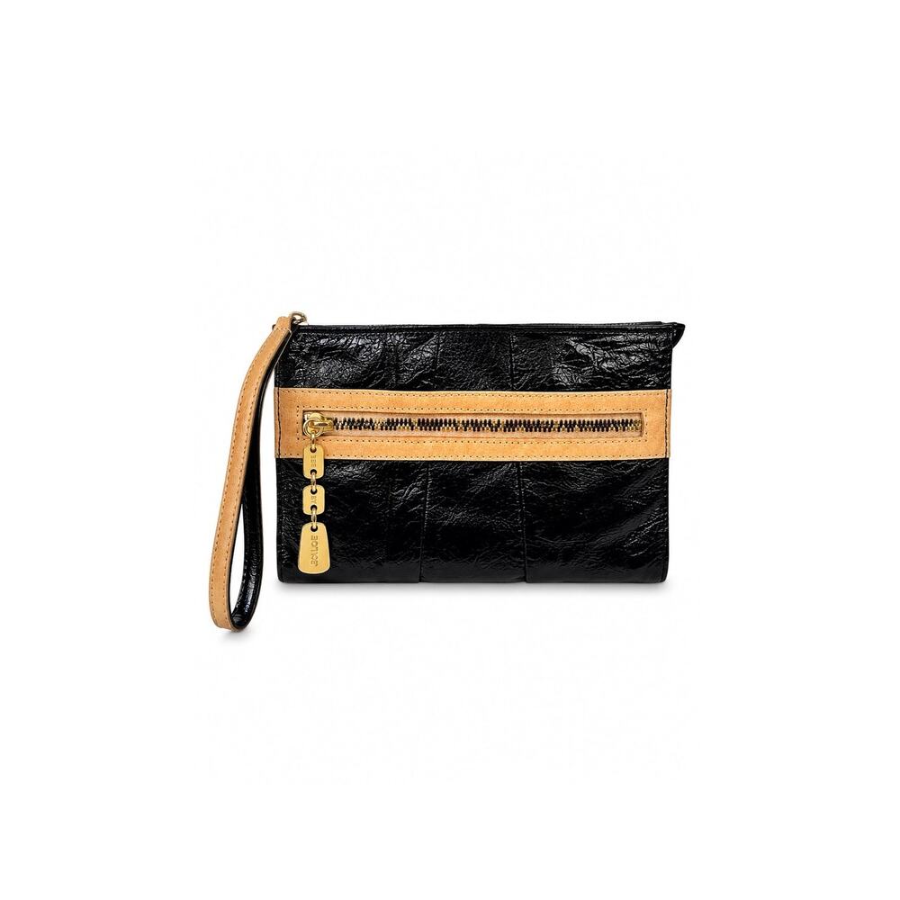 See By Chloe Black Crinkled Leather Wristlet Clutch Tan Zip Y2K Designer Pouch